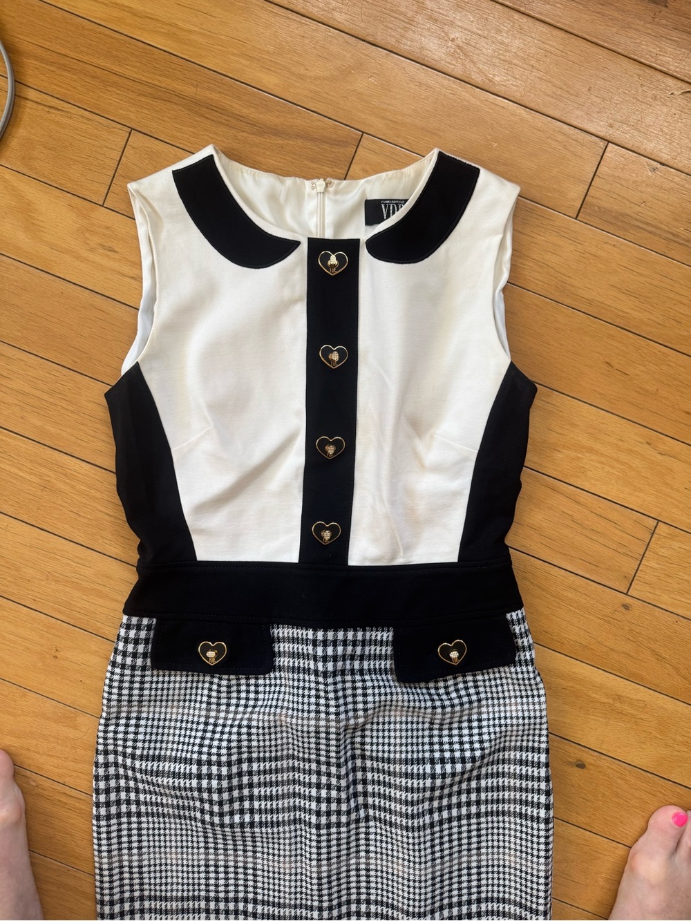 Chic Black & White Houndstooth Midi Dress with Heart Buttons vdp - Picture 2 of 5